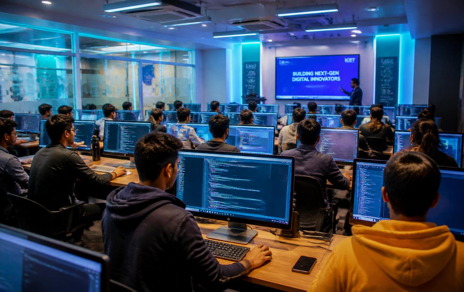 Krishna Computer Center — modern computer lab with students learning to code
